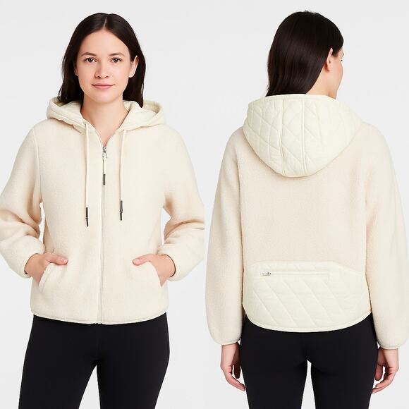JoyLab Cream Sherpa Zip Up Hoodie Women’s Medium Quilted Hood Cozy Fleece Jacket - Picture 1 of 9
